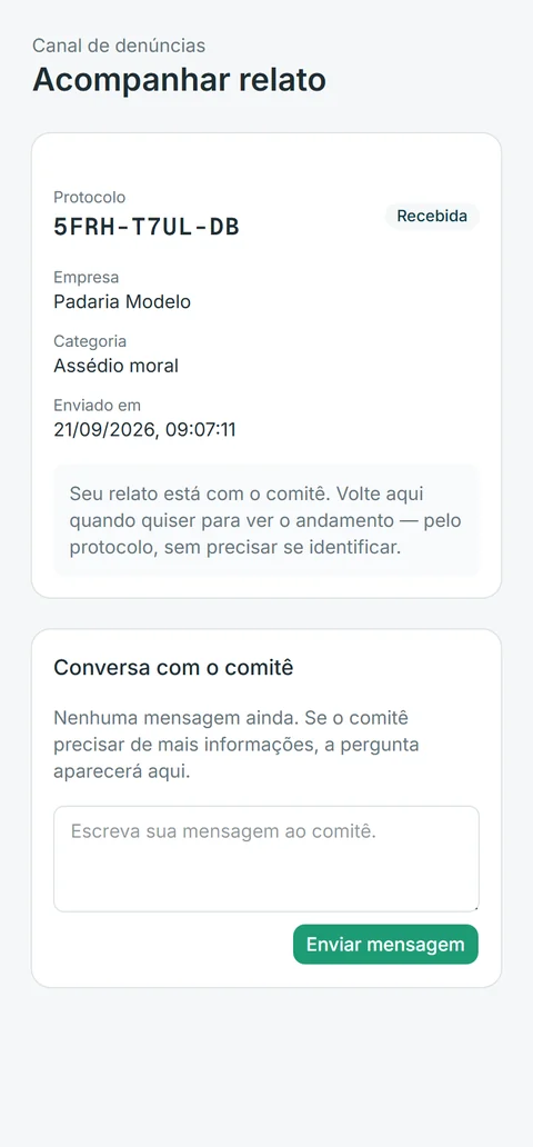 Tela de acompanhamento do relato pelo protocolo, com a conversa com o comitê.
