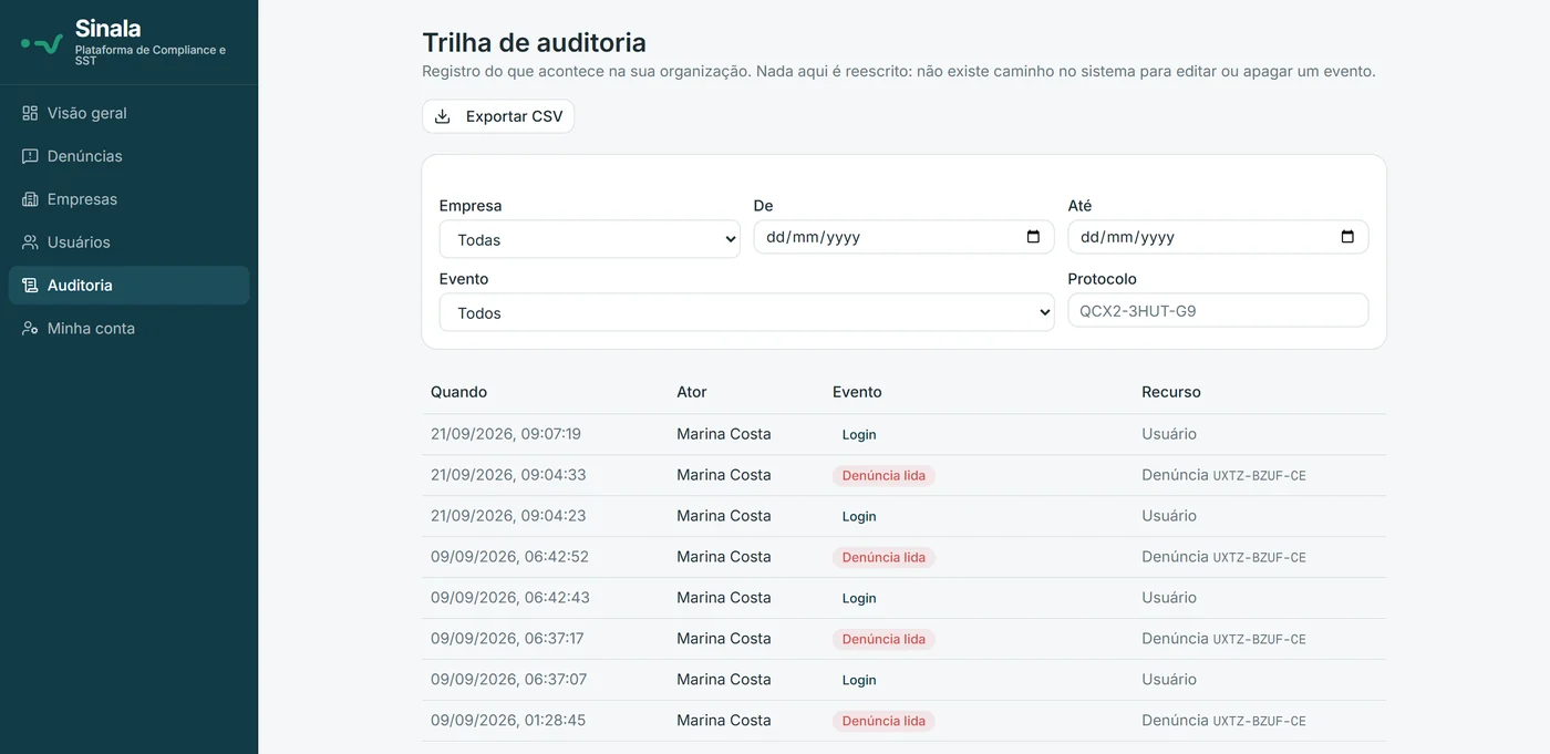 Trilha de auditoria do Sinala Voz, com os eventos de login, leitura e triagem de cada denúncia.