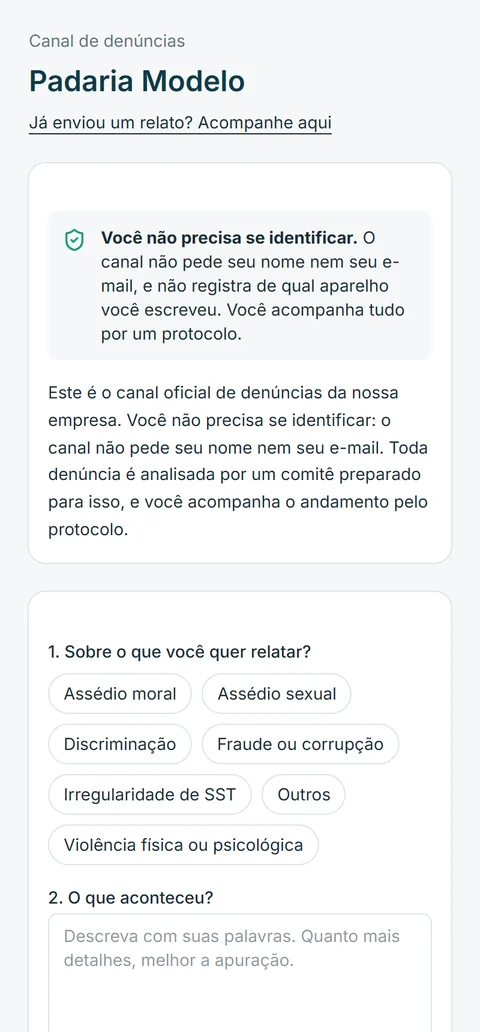 Portal público do canal no celular, com o aviso de anonimato e as categorias de relato.